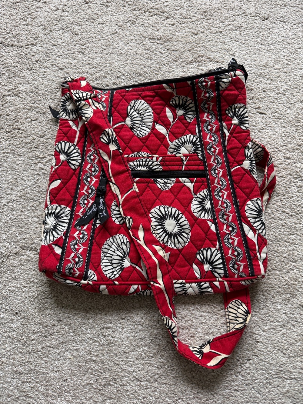 Vera Bradley Red Floral Quilted Crossbody Bag with Black-White Accents